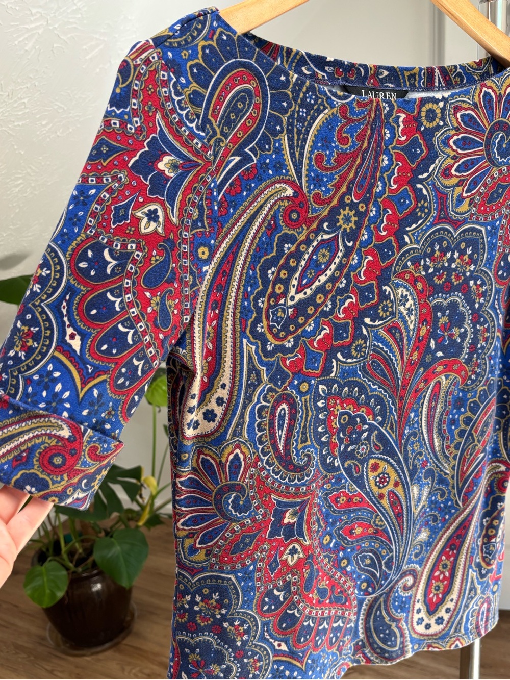 Lauren Ralph Lauren paisley stretch cotton boatneck top, large - Picture 4 of 9